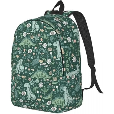 Folk Bloemen Dinosaurus Rugzak School Boekentas Leuke Dino Groen Canvas Dagrugzak Kleuterschool Basisschool Tas gray
