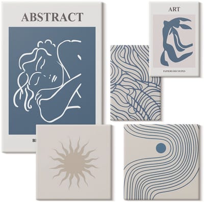 Wallfluent Set van canvas schilderijen - Stijlvolle abstracties met geometrische vormen en lijnen Canvas Schilderijen Set - Set van 5 Canvas Schilderijen - Blauw Set van Canvas Prints - Abstractie Canvas Kunst Set - Boheemse Canvas Kunst Set