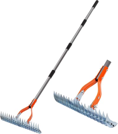 15-Inch Grasmaai- en Dethatcher Rake – Robuust Metaal – Efficiënt voor Dode Gras & Bodemonderhoud - oranje