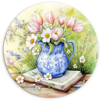 WallCircle® Wandcirkel 120x120 cm - Muurcirkel Vaas - Delftsblauw - Madeliefjes - Muurdecoratie woonkamer - Wanddecoratie slaapkamer - Kamer decoratie accessoires - Ronde schilderijen XXL