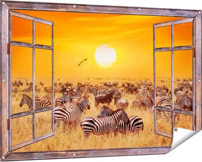 Gards Tuinposter Doorkijk Kudde Zebra's bij een Oranje Zonsondergang - 150x100 cm - Tuindoek - Tuindecoratie - Wanddecoratie buiten - Tuinschilderij