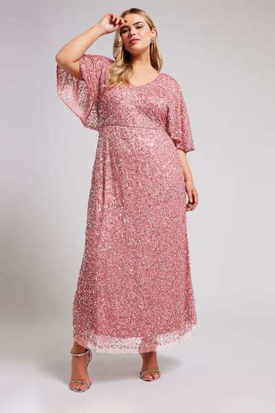Luxe: Ultimate Embellishment Luxe Maxijurk Met Allover Paillettenversiering & Engelmouwen In Rozesize 42