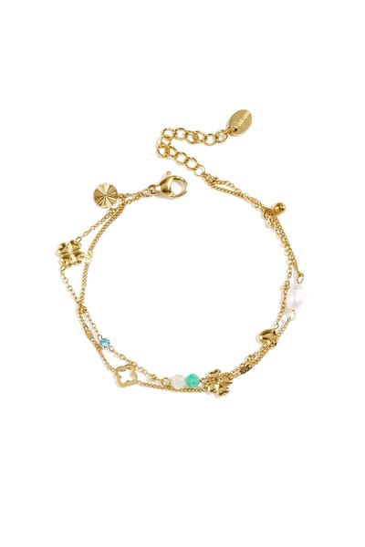 Gouden Dames Armband met Klaver Bedels en Parel – Dubbele Ketting – Verstelbaar – Trendy Sieraad
