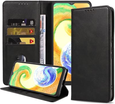 Smartphonica Samsung Galaxy A04s kunstleren hoesje met magnetische sluiting en pashouders book case - Zwart geschikt voor Samsung Galaxy A04s