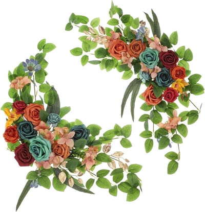 Bruiloft Boog Bloemen Set van 2 - Kunstmatige Zijde Faux Rozen Swags met Bladeren voor Ceremonie, Receptie en Feestdecoratie in Blauw-Groen/Rood-Bruin