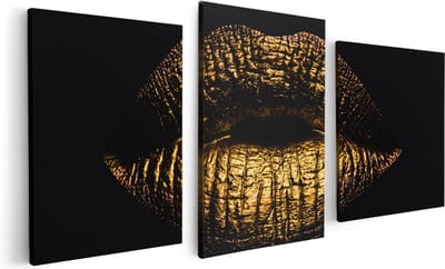 Artaza Canvas Schilderij Drieluik Gouden Lippen - 120x60 - Foto Op Canvas - Canvas Print