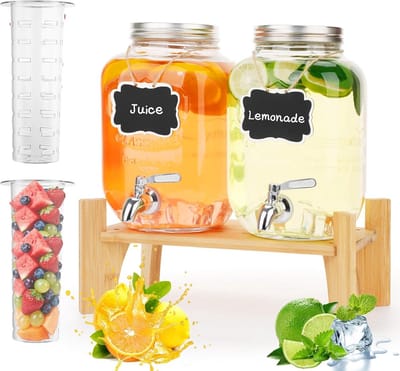 Set van 2 Glazen Drankdispensers 4 Liter met Bamboe Standaard en Kraan