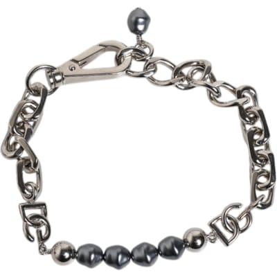 Zilverkleurige ketting met kreeftsluiting en logo armband met grijze parels