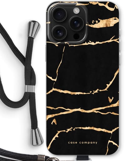 Case Company® - Hoesje met koord geschikt voor iPhone 16 Pro Max hoesje met Koord - Gouden marmer - Telefoonhoesje met Zwart Koord - Bescherming aan alle Kanten en Over de Schermrand