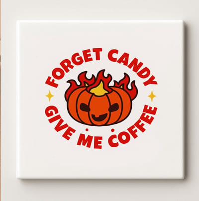 Vergeet Snoep Geef Me Koffie Tegel 15x15cm – Grappig Halloween Pompoen Ontwerp – Perfect Cadeau voor Koffieliefhebbers – Keramische Wanddecoratie