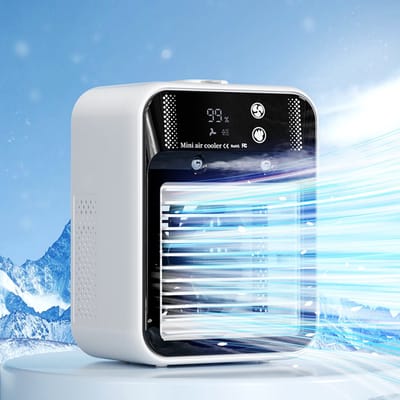 Draagbare airconditioner/koeler met oplaadbare batterij, 3 ventilatorsnelheden, 3 sproeistanden, 60° oscillatie, 600 ml inhoud.