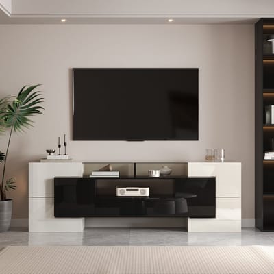 MODFU - Tv-Meubel - 6 Deuren En 2 Laden - Ledverlichting - Modern - Spaanplaat En Glas - Wit En Zwart - 200 x 35 x 60 cm
