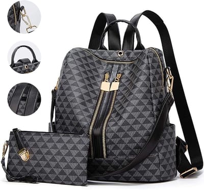 MODFU Luxe Dames Rugzak Set 2-delig – PU leren rugtas met geometrisch patroon & klein tasje – Waterafstotend – Voor werk, school of reizen – Zwart / Grijs