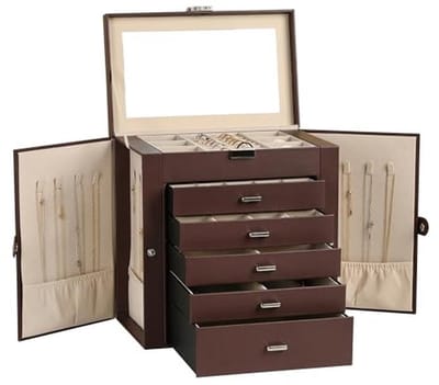 Grote 6-laags Sieradenbox van PU-leer - Multifunctionele Opbergdoos met Spiegel - Accessoirehouder met 5 Laden voor Kettingen, Armbanden en Horloges