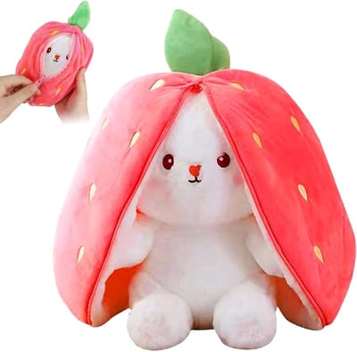 Zachte Paashaas Pluche Knuffel van 25 cm, Perfect voor Kinderen, Geschikt voor Verjaardagen en Feestdagen, Roze, Met Wortels en Aardbeien