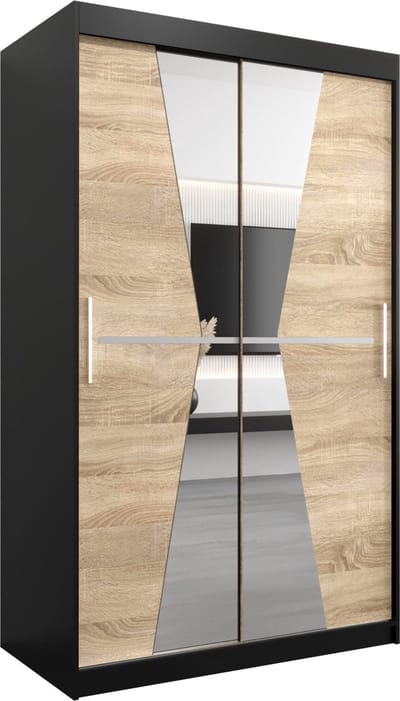 InspireMe - Kledingkast met 2 schuifdeuren, Modern-stijl, Een kledingkast met planken en een spiegel (BxHxD): 120x200x62 - TOTO 120 Zwart Mat + Sonoma Eik