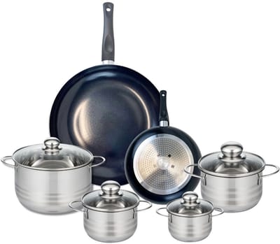 Set van 2 Koekenpannen 20 en 32 cm en 4 kookpotten 12, 14, 16 en 20 cm Elo Prima Glanzend