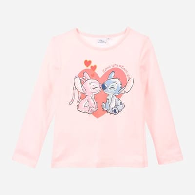 Disney Lilo & Stitch Shirt - Lange Mouw - Katoen - Lichtroze - Stitch en Angel - Maat 92/98 (3 jaar)
