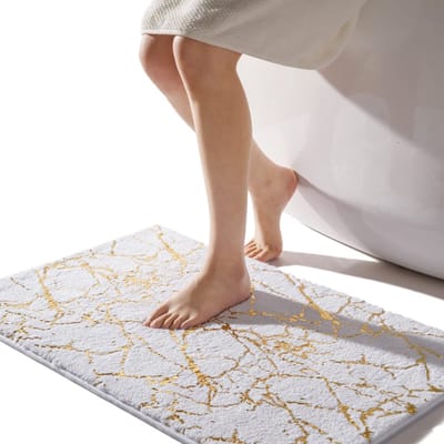 Badmat, antislip, wasbaar, wit, badkamertapijt, goud, decoratief tapijt, luxe, badkameraccessoires, zachte microvezel, absorberend, badmat voor badkamer, bad, 50 x 80 cm