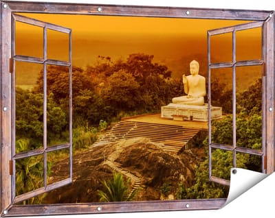 Gards Tuinposter Doorkijk Boeddha Beeld bij een Tempel in het Bos - 120x80 cm - Tuindoek - Tuindecoratie - Wanddecoratie buiten - Tuinschilderij