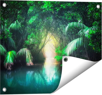 Gards Tuinposter Tropische Jungle met een Turquoise Meer - 50x40 cm - Tuindoek - Tuindecoratie - Wanddecoratie buiten - Tuinschilderij