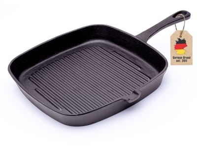 Intirilife Gietijzeren Pan 23 cm anti-aanbaklaag vierkante grillpan braadpan, geschikt voor gas en inductie, geribbelde gietijzeren pan met handvat, gietijzeren pan voor vlees, steak, groenten - anti-aanbaklaag