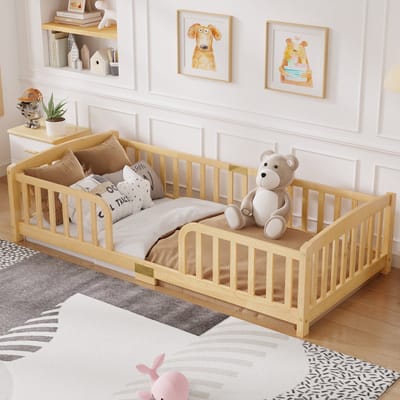 Sweiko Kinderbed - 90 × 200 cm - Met veiligheidshekjes - Houten frame - Zonder lattenbodem - Natuurlijke