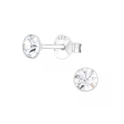 Zilveren oorknop, Wit kristal (3MM)