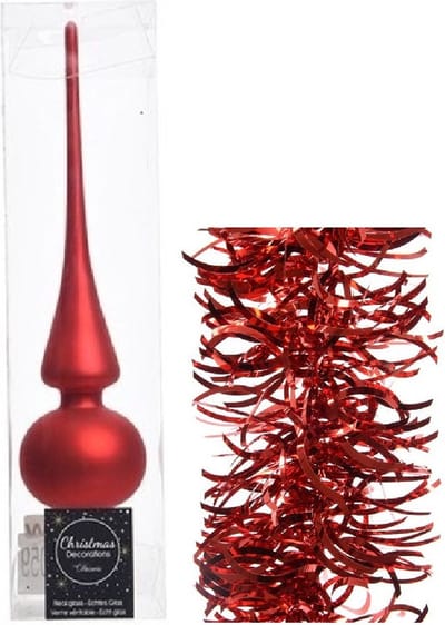 Kerstversiering glazen piek mat 26 cm en golf folieslingers pakket rood van 3x stuks - Kerstboomversiering