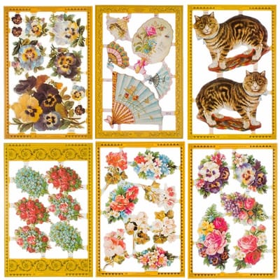 Poëzieplaatjes - 6 vellen - plaatjes - hobby - creatief - decoupage - knutselen - scrapboek - Viooltjes - Waaiers - Katten - Bloemen