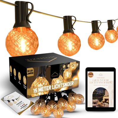 Homezie Lichtsnoer 15 meter met 30 LED bulbs | Nieuw design | IP44 Spatwaterdicht | Warm wit | Koppelbaar & Dimbaar