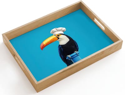 Dienblad hout 40x30 cm - Schootdienblad - Tucan - Sokkel - Vogel - Koksmuts - Borrelplank rechthoek - Plateau dienbladen
