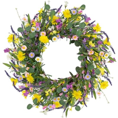 Lentekrans 60 cm met Eucalyptus, Sunflowers, Forsythia, Lavendel en Madeliefjes - Decoratieve Zomerkrans voor Binnen en Buiten
