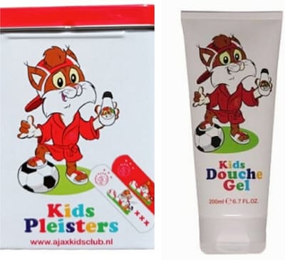 Ajax Kids Pleisters in Bewaarblik en Kids Douchegel