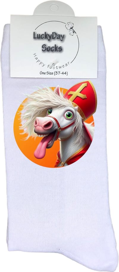 LuckyDay Socks - Ozosnel - Grappige Sint Cadeaus voor Dames en Heren - OneSize Sokken met Print - Huissokken - Sint Paard sokken - Geschenk Vrouwen, Mannen , Moeder, Mama, Papa, Vader, Vriend, Vriendin, Zus, Broer, Oma, Opa - Origineel Cadeau Volw