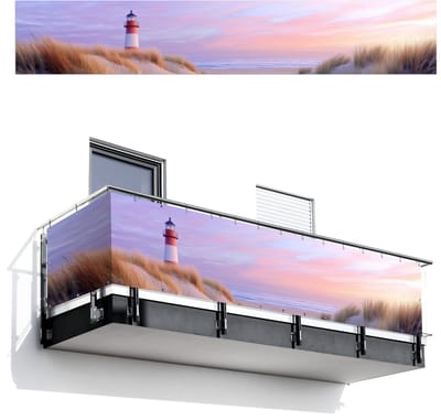Balkonscherm 500x85 cm - Balkonposter Vuurtoren - Duinen - Zonsondergang - Balkon scherm decoratie - Balkonschermen - Balkondoek zonnescherm