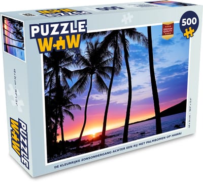 Puzzel De kleurrijke zonsondergang achter een rij met palmbomen op Hawaï - Legpuzzel - Puzzel 500 stukjes