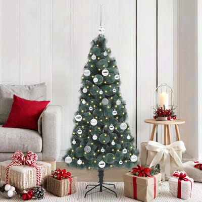 vidaXL - Kunst - Kerstboom - met - Lichtjes - en - Ballen - Set - Groen - 150 - cm - PET