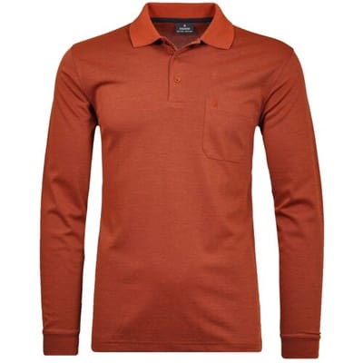 Ragman Softknit Polo Longsleeve Uni Breast Pocket Terra Red Melange / male