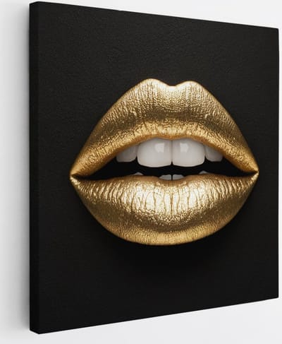 Saammp Canvas Schilderij - Lippen van goud - Abstract - 20x20 - Foto op canvas - Wanddecoratie - Muurdecoratie Woonkamer - Slaapkamer decoratie - Canvas Print