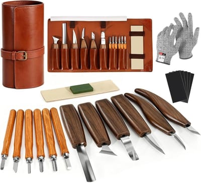 Houtsnijgereedschap Set - Houtsnijkit - Houtbewerking Hobby - Walnoothouten Grepen - 17 Delig - Bruin