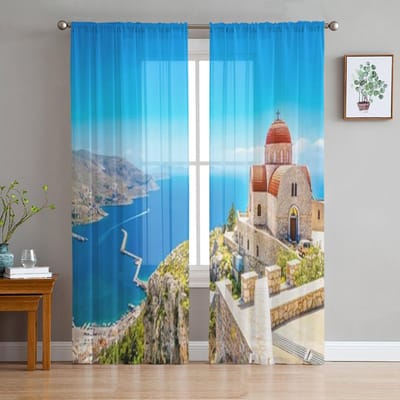 Prachtig Uitzicht Op De Kerk Transparante Gordijnen Voor Slaapkamer Woonkamer Tule Gordijnen Voor Keukenraam Voile Gordijnen 135W x 114H(cm) blue