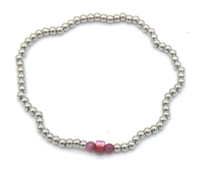 Armband Dames - Elastisch - Zilverkleurige Kralen RVS - Paarse Steen