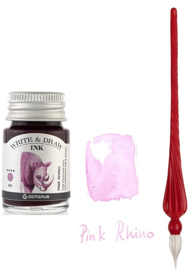 Glazen dip pen set in doosje - Rood - Potje Octopus inkt pink rhino