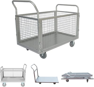 4-in-1 Platformwagen met Afneembare Wanden en Inklapbaar Rooster - Veelzijdige Transportwagen voor Magazijn en Werkplaats