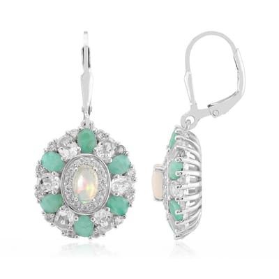 Cavill - Luxe Oorbellen 925 Sterling Zilver Gerhodineerd - Welo-Opaal 0,57 ct & Smaragd 1,90 ct - Ovaal Edelsteen Bloemmotief 34 mm