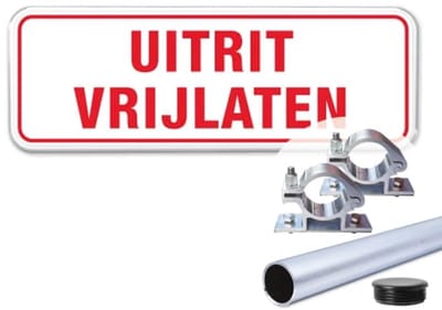 Bord Uitrit Vrijlaten - Weerbestendig Aluminium - 40x15 cm - Bevestiging: Met paal 120 cm + paalbeugels + paaldop