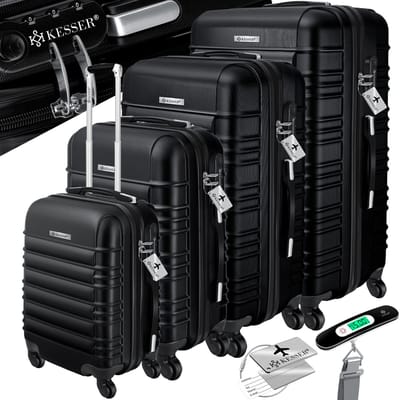 KESSER® 4x Koffer, reiskofferset, trolley koffer, incl. bagageweegschaal + bagagelabel rollend kofferslot, 4 wielen ABS, harde schaal telescoopgreep S-M-L-XL - Zwart