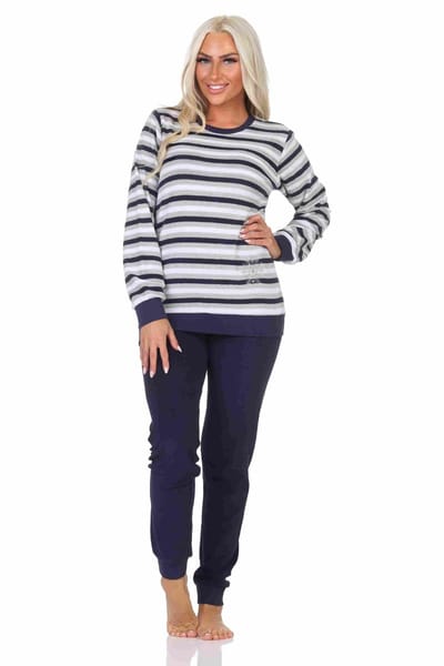 Lange badstof damespyjama's, pyjama's met een gestreepte look en een ijskristalmotief