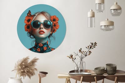 WallCircle - Wandcirkel - Muurcirkel - Vrouw - Blauw - Vlinder - Bloemen - Aesthetic - Aluminium - Dibond - 140x140 cm - Binnen en Buiten